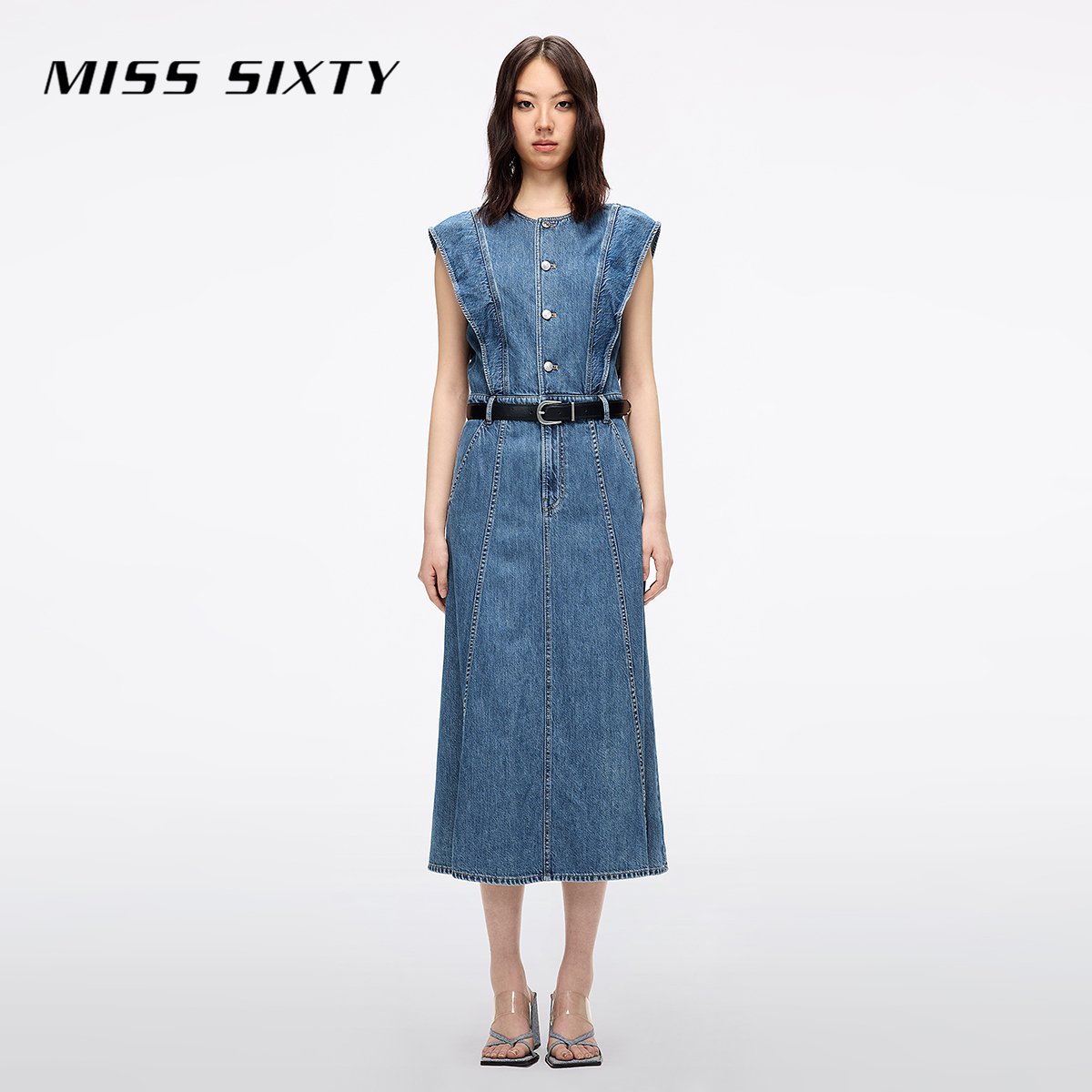 Miss Sixty2025夏季新款牛仔连衣裙女配腰带含天丝无袖修身复古风