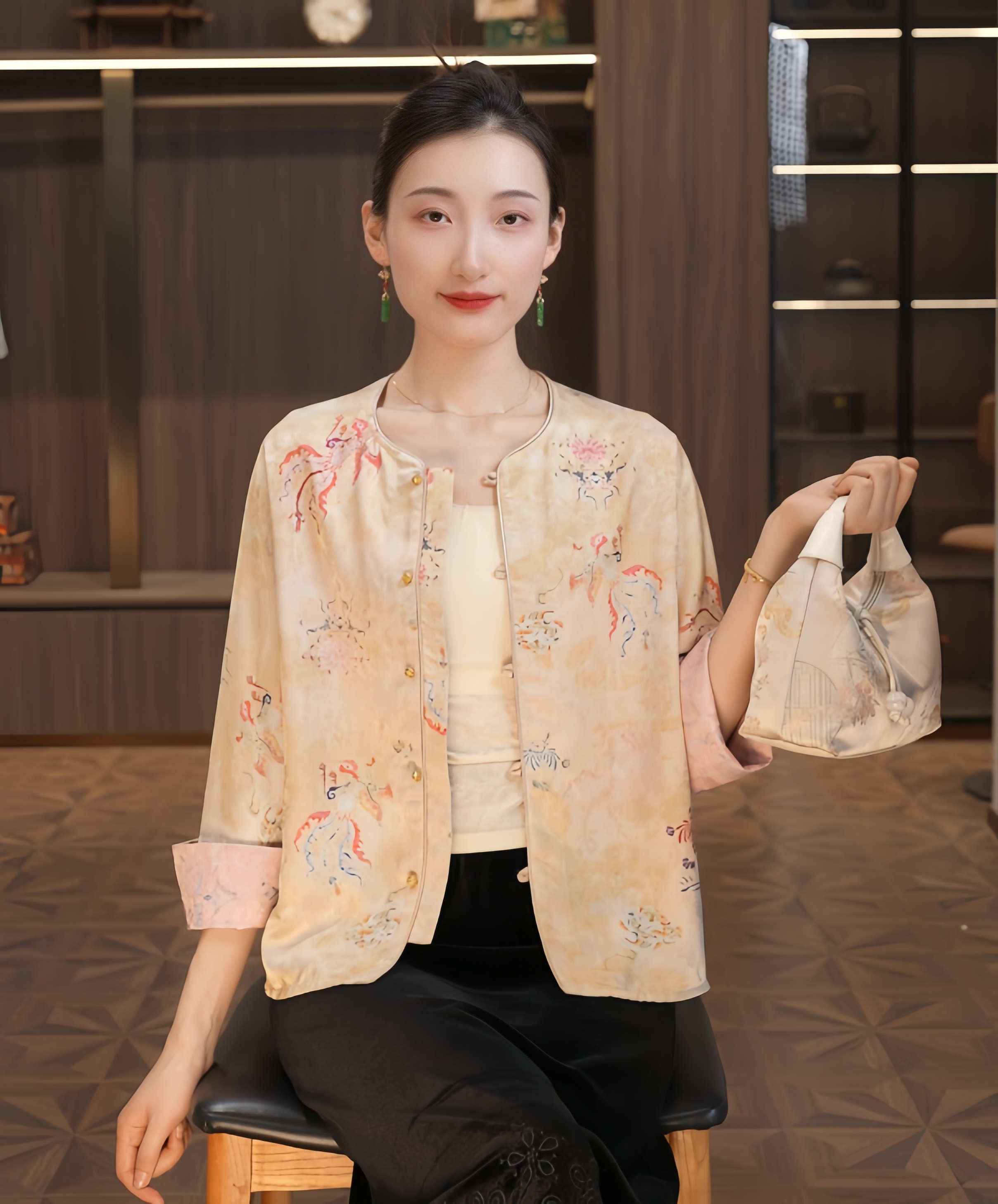 【凤蝶】2025春秋新款双面双穿上衣女装新中式宽松圆领提花薄款外套