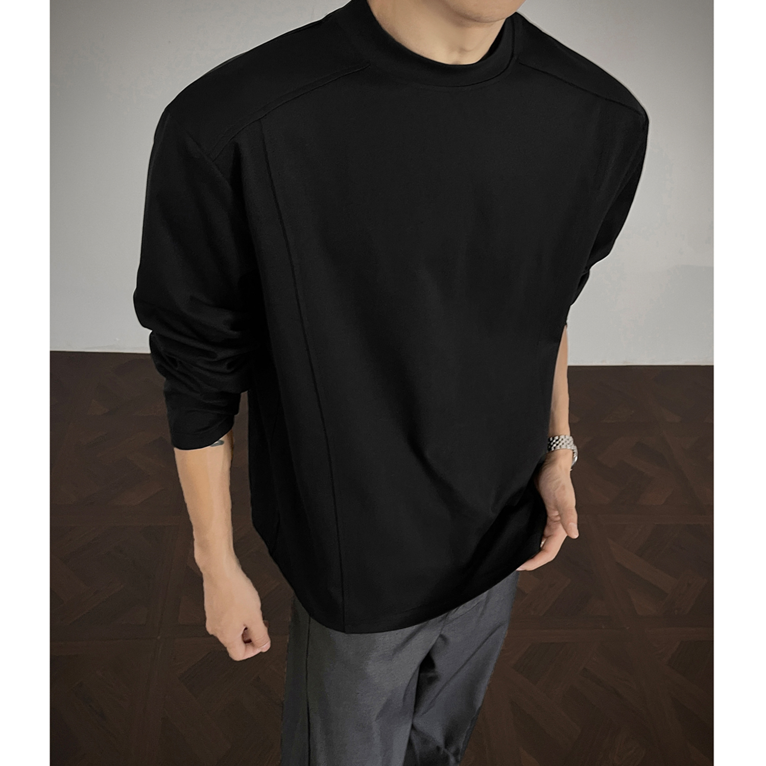 小领口解构长袖t恤内搭打底衫男款春秋美式复古潮牌宽松纯色上衣