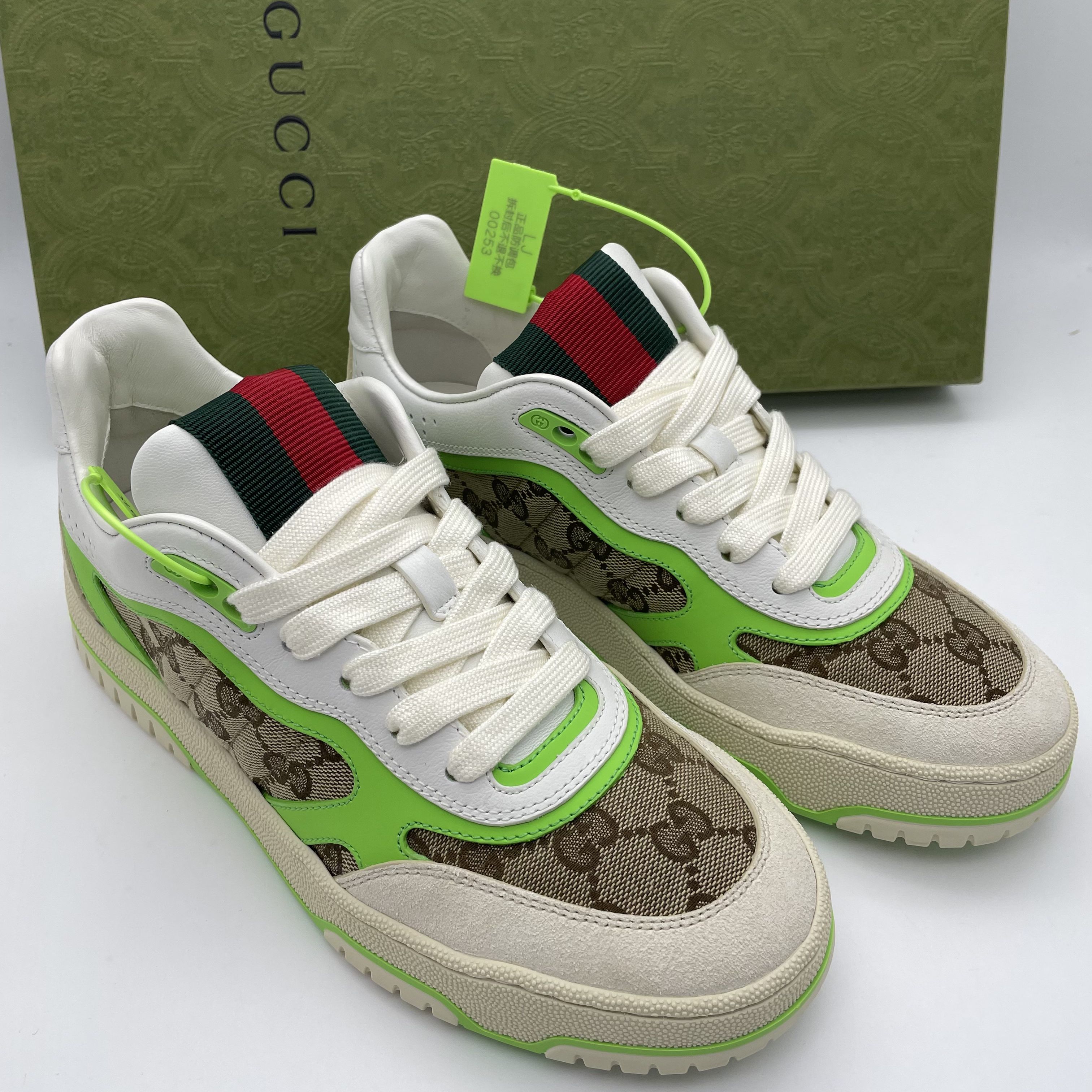 未使用 GUCCI/古驰 /37.5欧码/棕绿色厚底时尚潮流低帮板鞋/全套