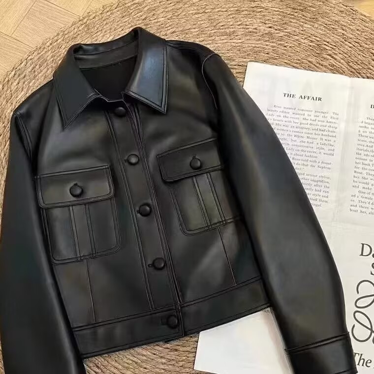 海宁皮衣女网红短款机车时尚休闲百搭黑色翻领韩版外套ins