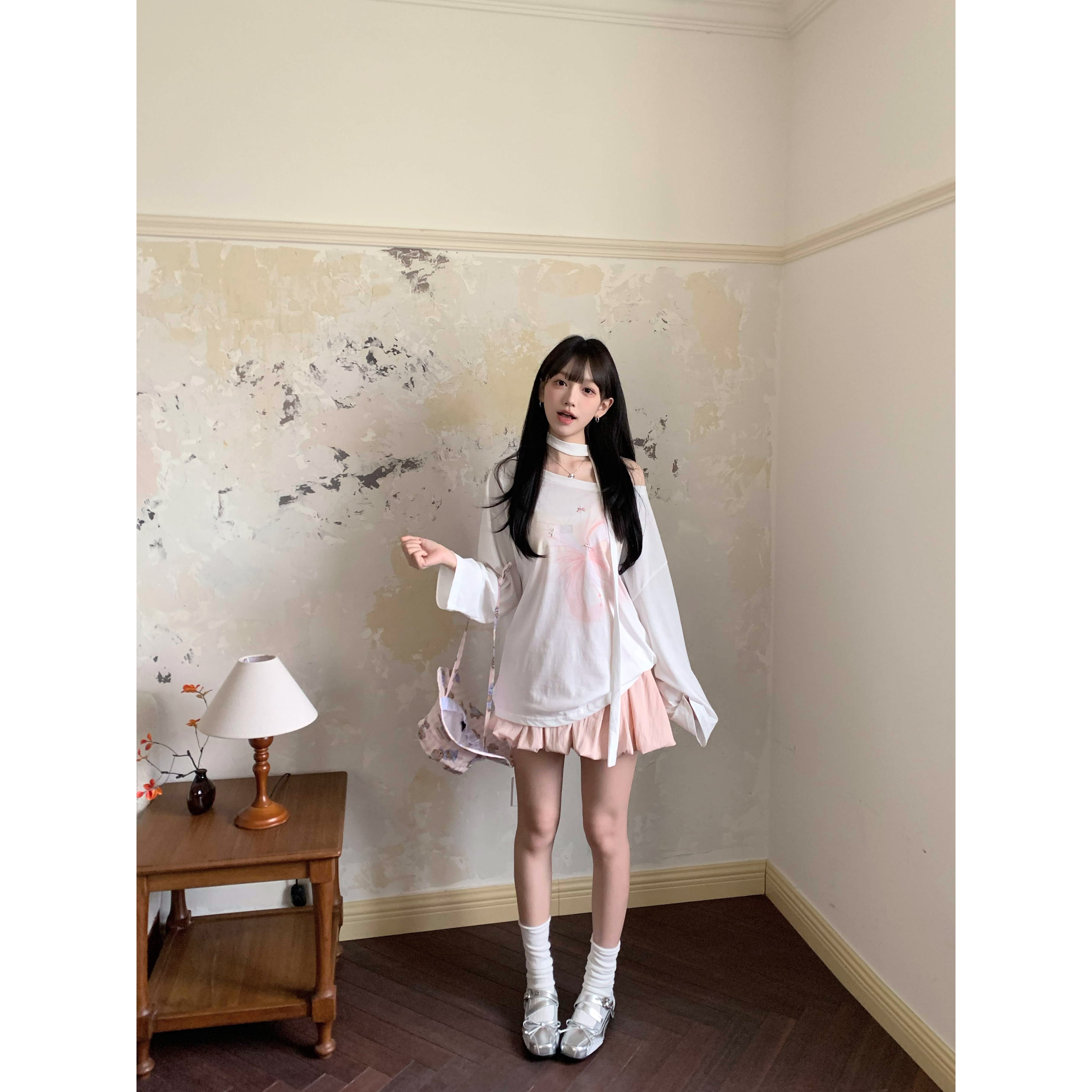 【小玉粉丝专属】NCXK-蝴蝶印花长袖罩衫彩色蝴蝶结带挂脖CX25092