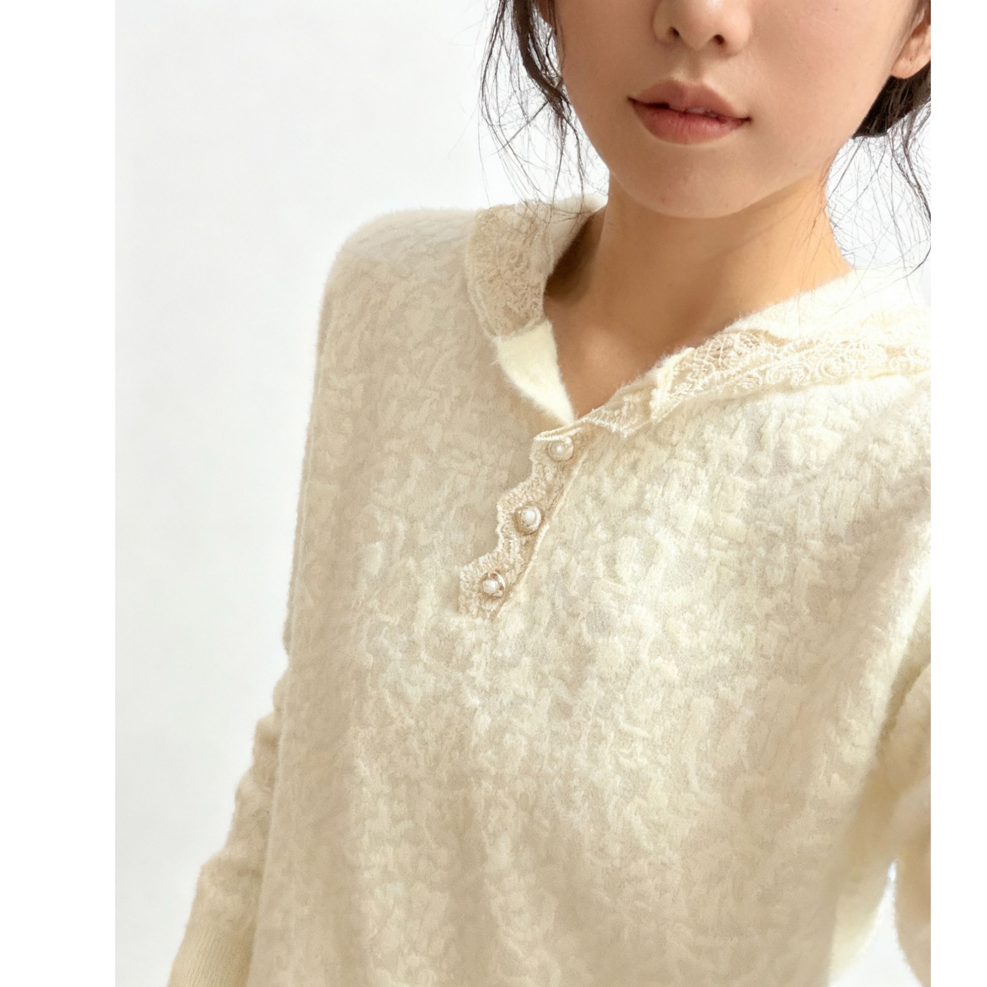 【加厚不起球云朵绒】超好看长袖法式连帽蕾丝花边钩花上衣内搭高级