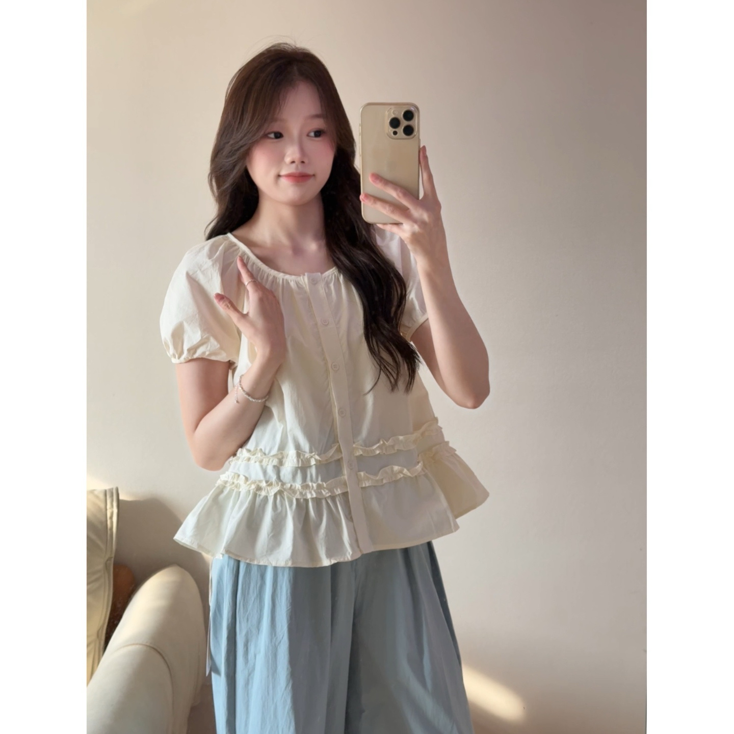 可可【微风】2025夏季新款韩系时尚圆领短袖小衫上衣衬衫减龄百搭