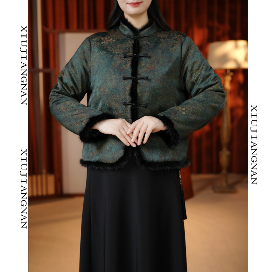 88254-新中式复古盘扣立领保暖加厚女款外套秋冬国风短上衣