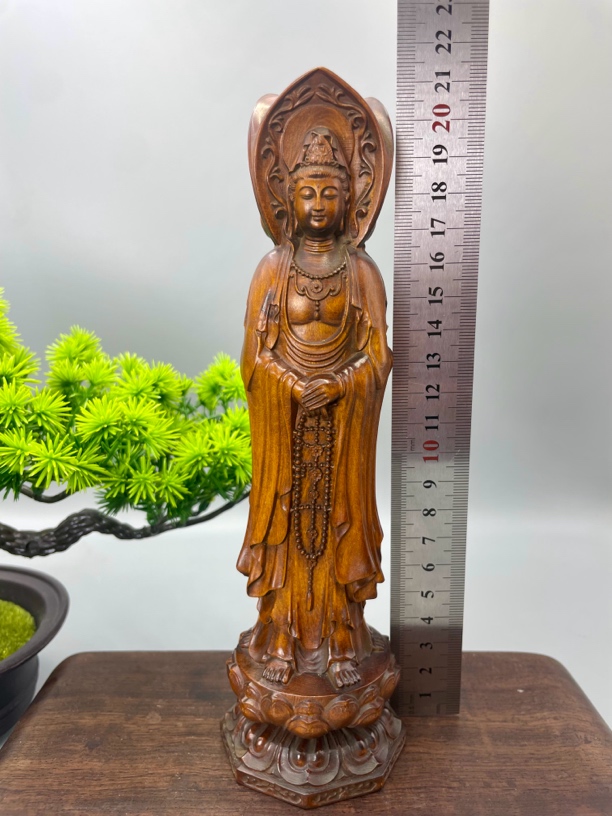 小叶黄杨木复古（南海三面观音菩萨）佛像立像铜质家用佛堂佛寺摆设