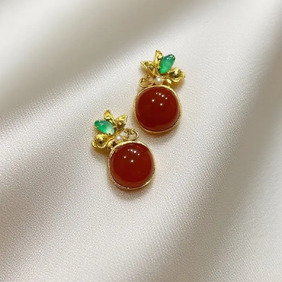 天然原矿南红 方糖设计款18K金镶嵌耳饰 新中式国风时尚百搭