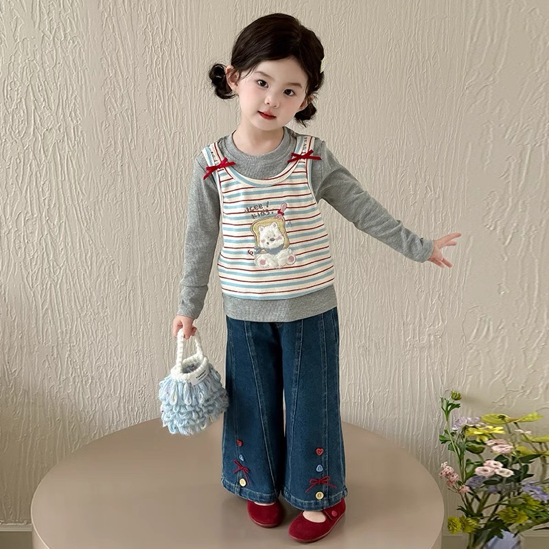 【秋上新】女童森系条纹假两件打底衫新款儿童宝宝洋气卡通长袖圆领