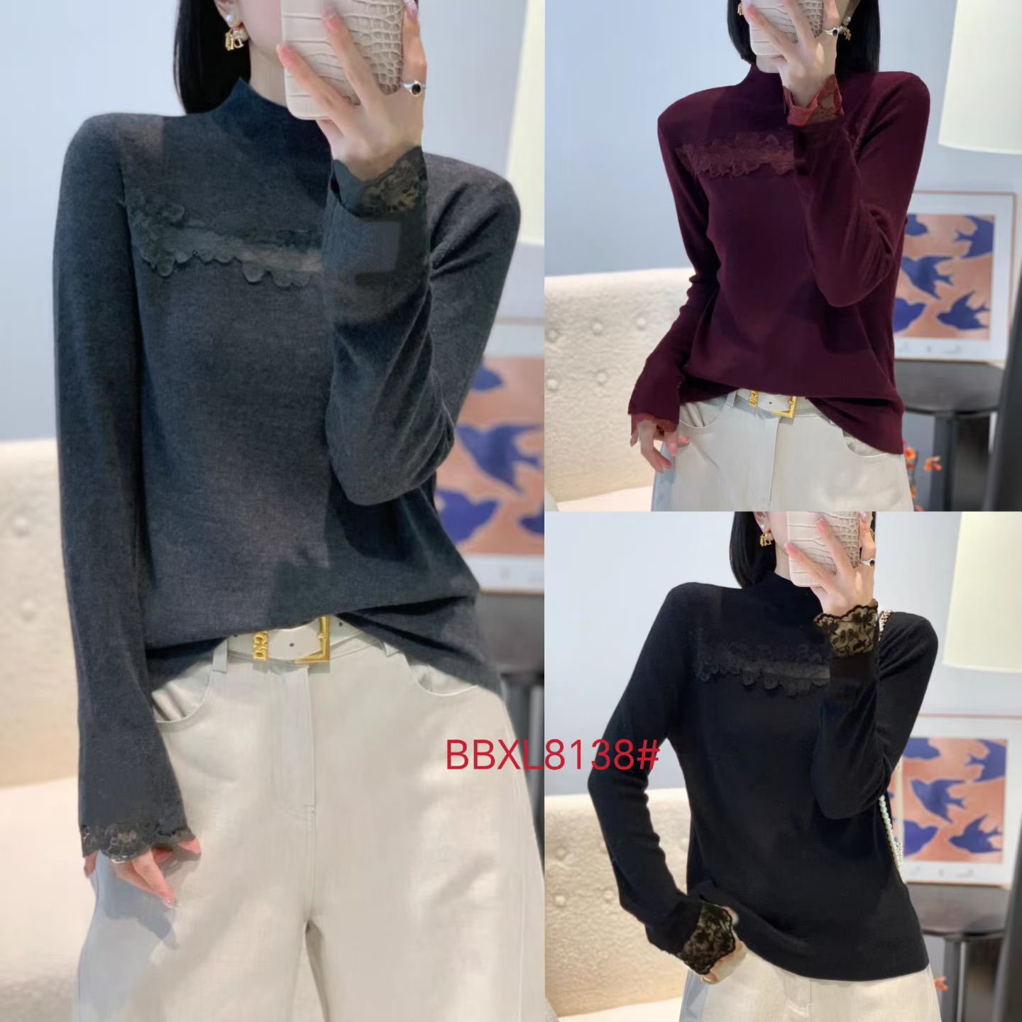 8138双面绒弹力袖口蕾丝保暖打底上衣
