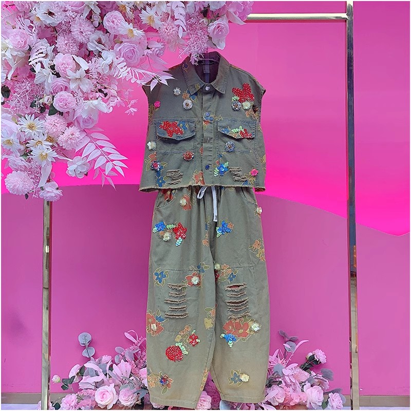 A1078欧美设计师2025早春新款重工亮片休闲花做旧牛仔马夹套装女
