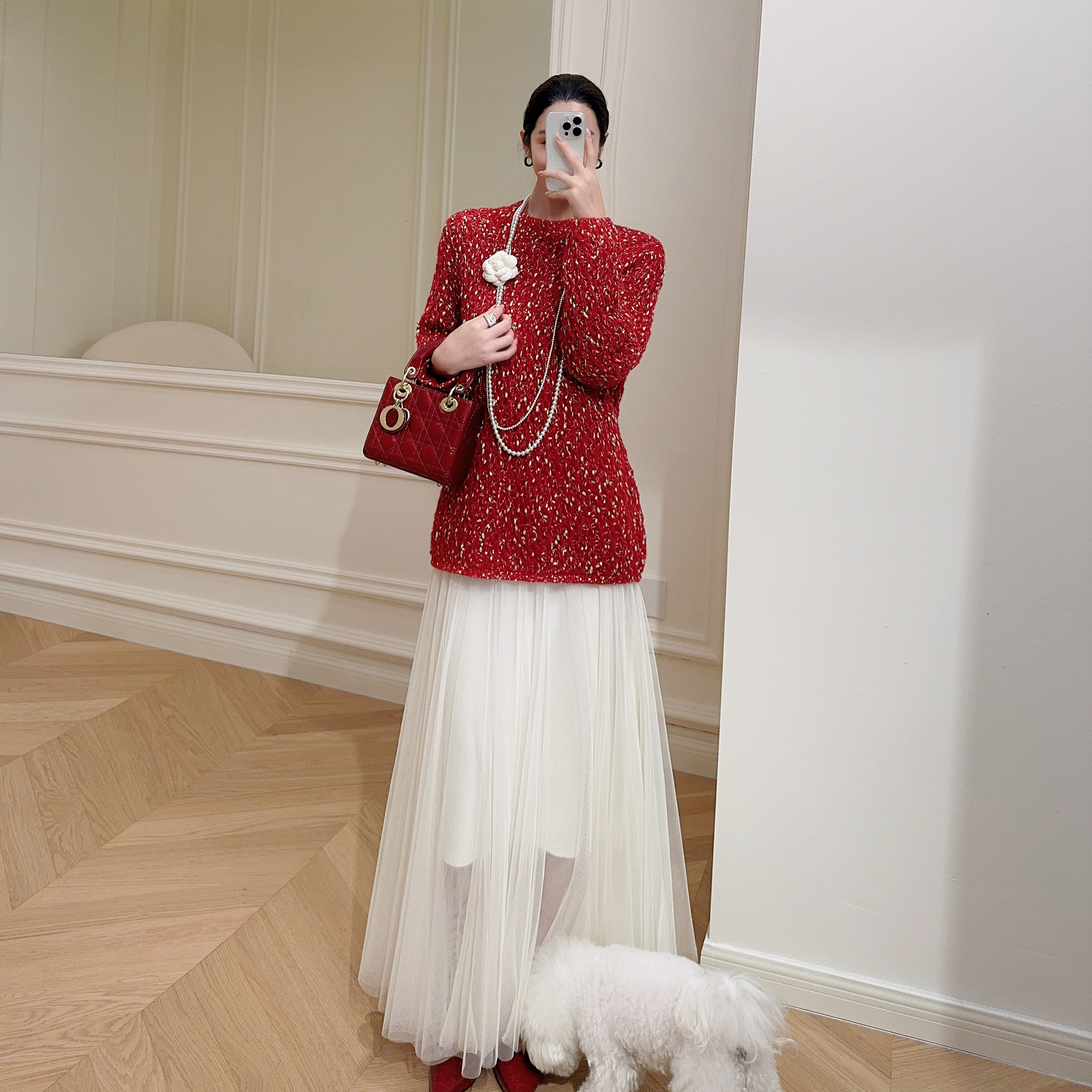 嫚渡100%山羊绒|25秋冬新品圆领长袖宽松中长款大红色针织羊绒衫