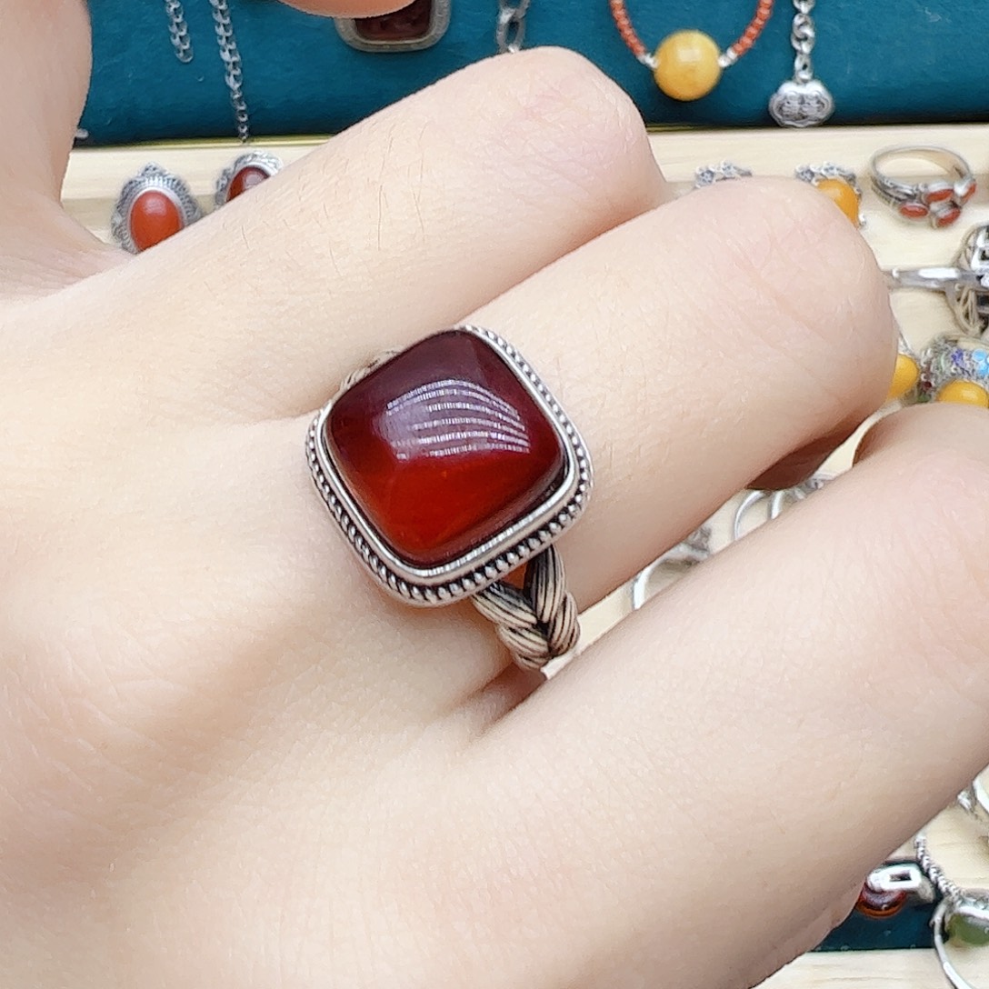 血珀戒指银S925镶嵌天然