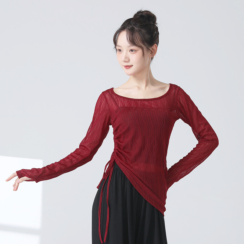 24662修身喇叭袖上衣新款镂蕾丝练功服现代舞瑜伽普拉提长袖纱衣