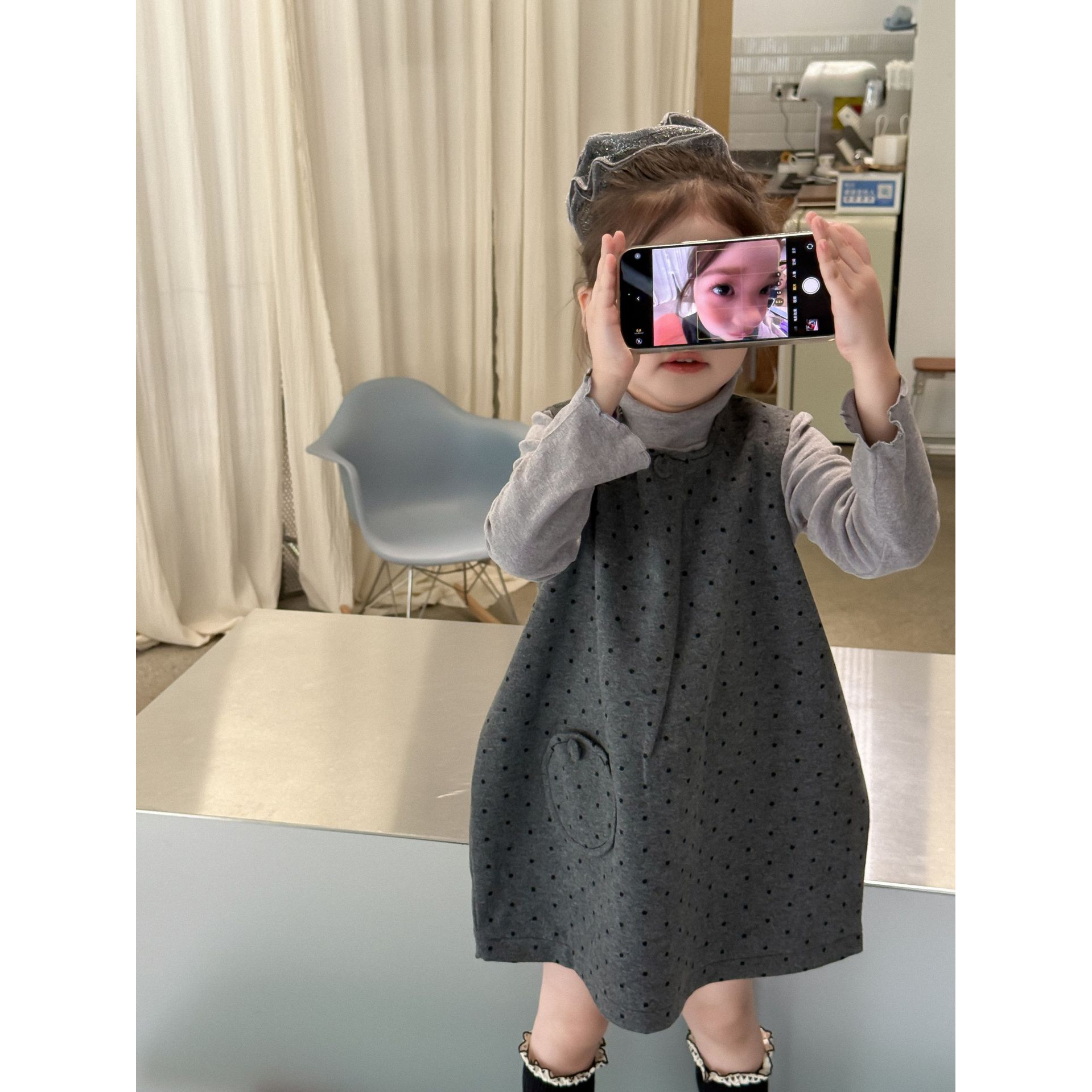 小粉象 ·女童2025秋季新款韩版洋气呢子波点背心裙内搭打底套装