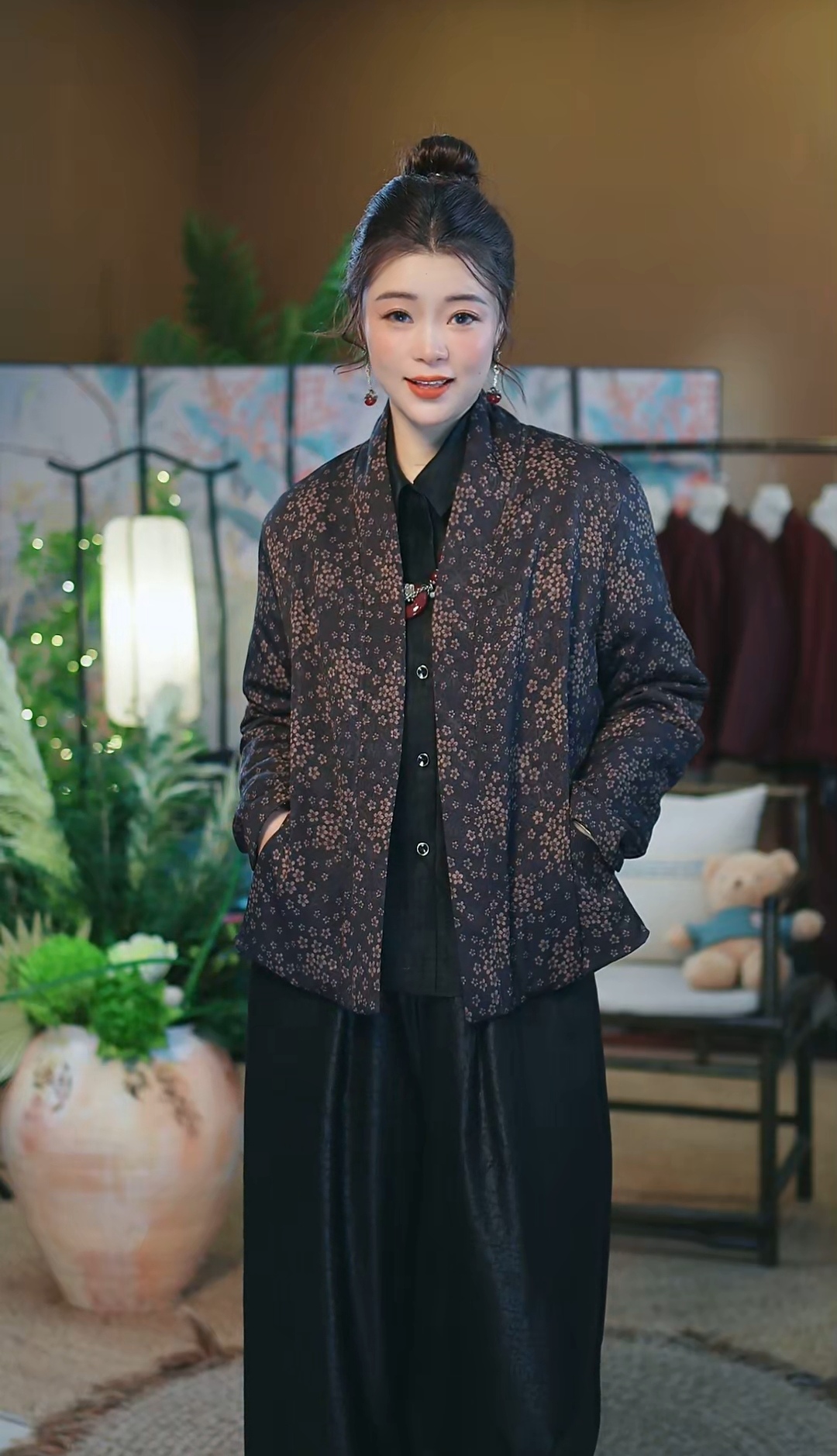 杯子家《小米花蚕丝袄》秋冬V领气质加厚保暖国风外套