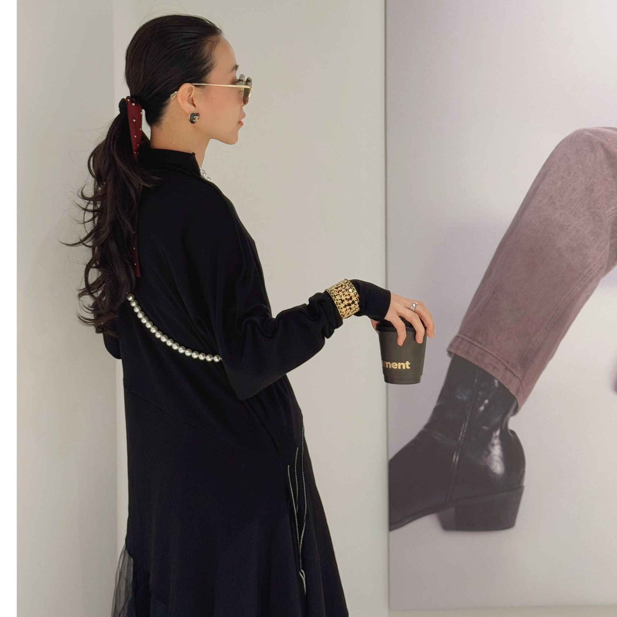 SONG TING 显瘦气质长袖不规则不对称软糯弹力上衣裙 761D519