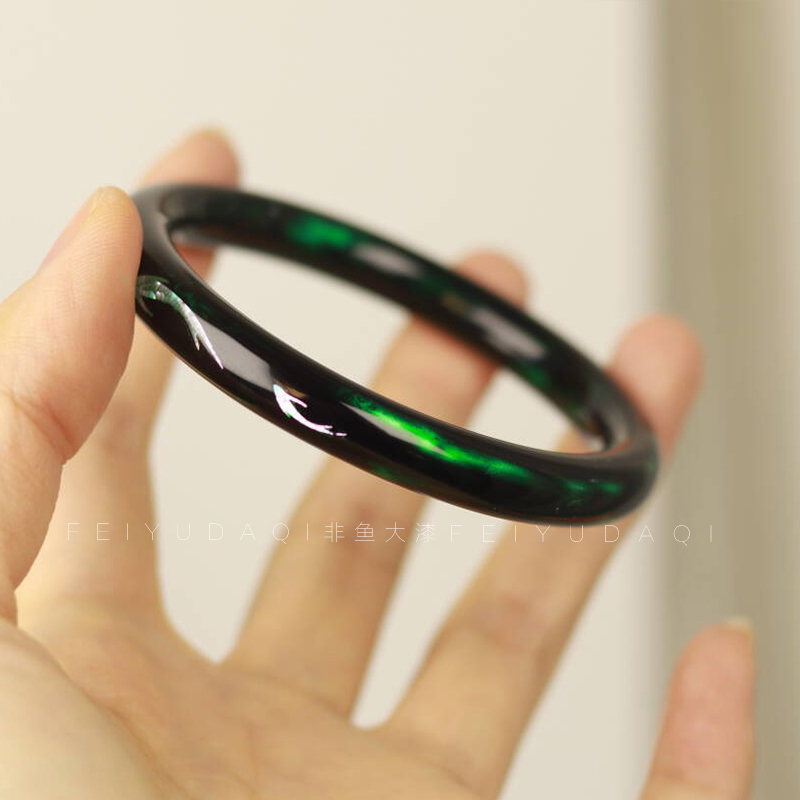 定制非鱼大漆鱼之乐冰透绿宝砂古法手镯绿色大漆螺钿手镯