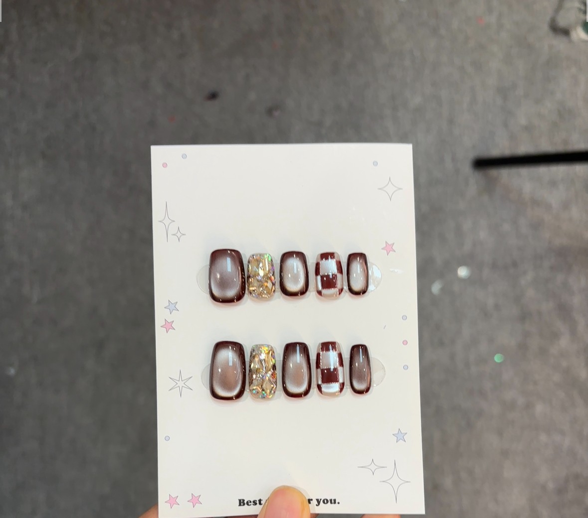 【红棕格】设计师定制轻奢纯手工穿戴甲-可重复使用