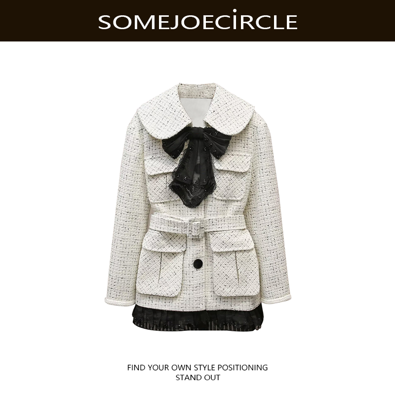 【DZ】SOMEJOECIRCLE【外套】26早春粗花呢蝴蝶结绣花饰边长外套Z8370