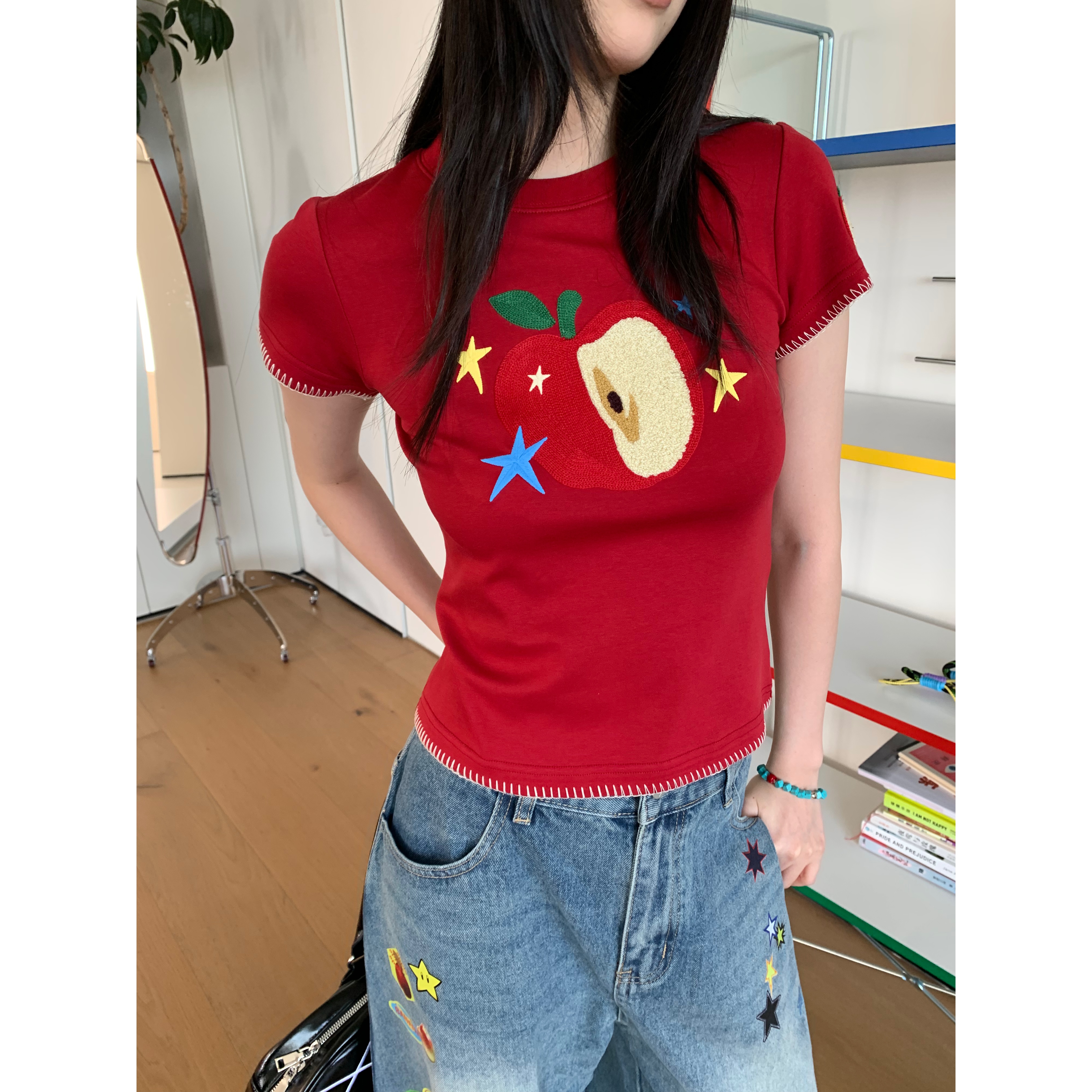 江南先生NewJNXS凉感冰皮苹果刺绣正肩T恤亲肤夏季情侣装时尚短袖