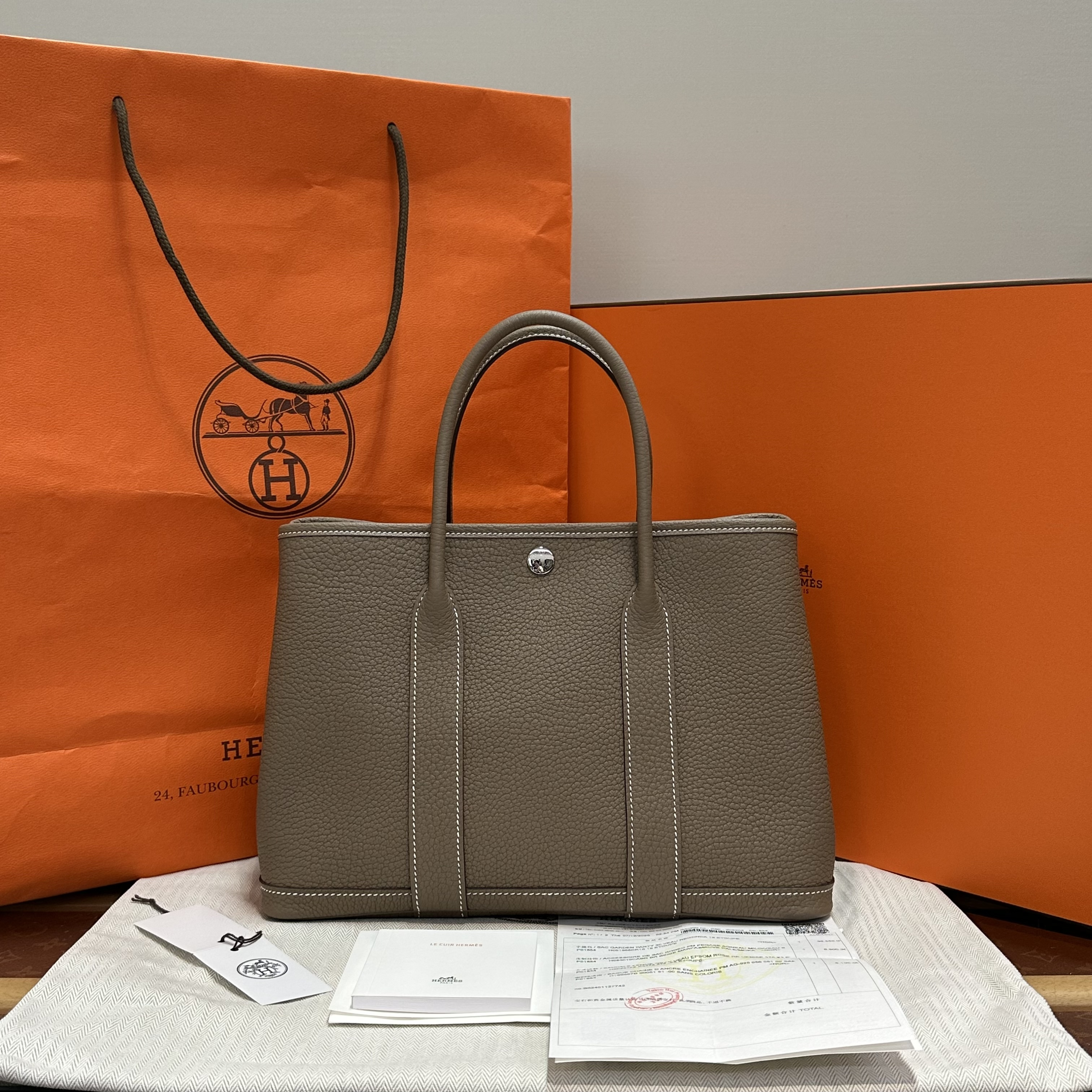 99新 Hermes/爱马仕 大象灰银扣花园30手提包 02086