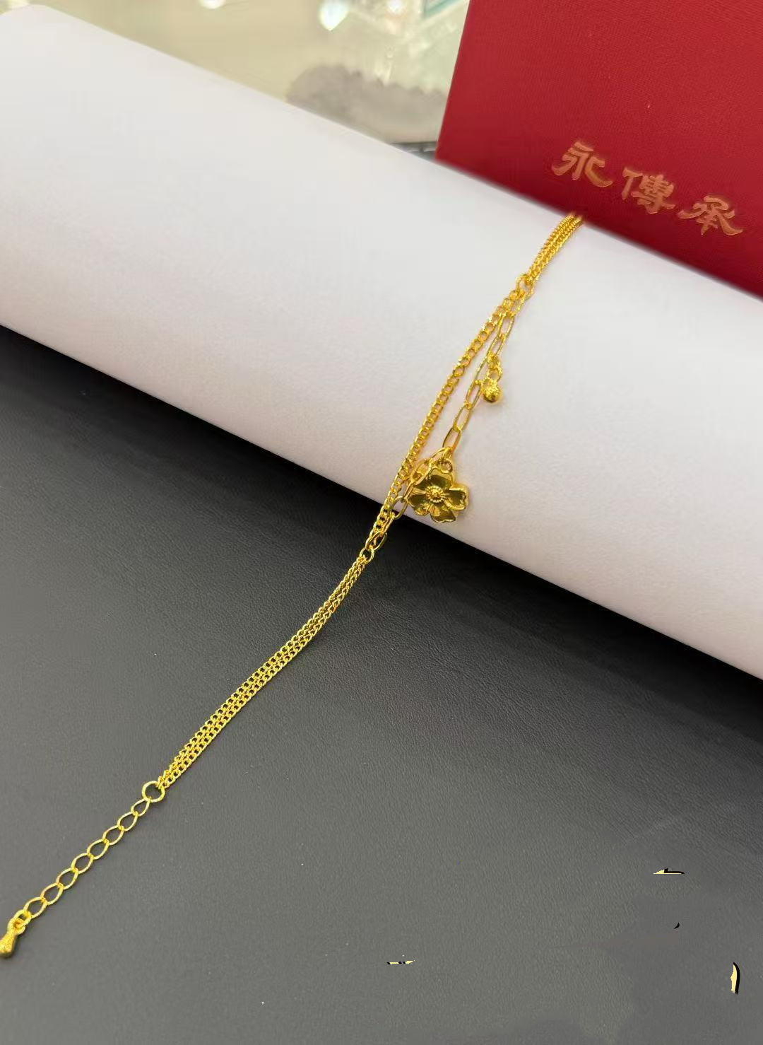 足银银制品 镀金银花朵双层手链
