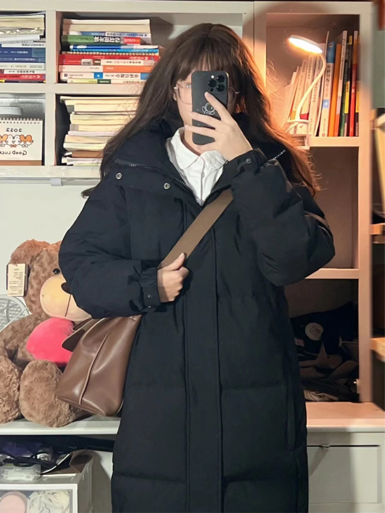 中戏同款羽绒服女长款过膝黑色连帽白鸭绒冬2025年新款炸街外套