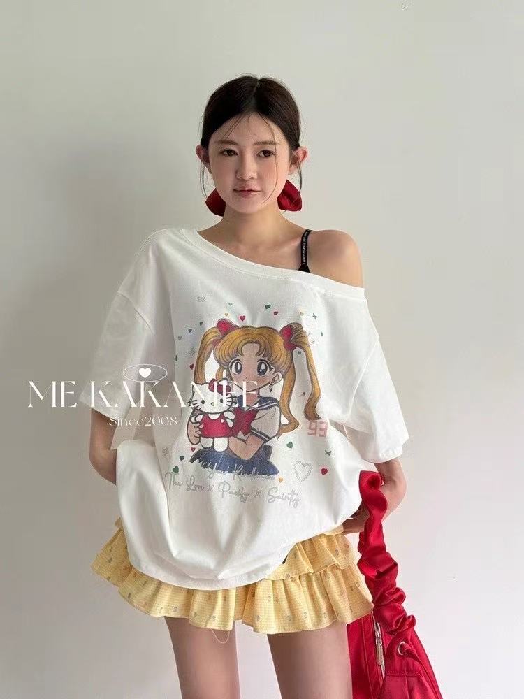 夏季韩系甜酷喷画美少女水洗斜领短袖T恤女宽松显瘦上衣+半身裙