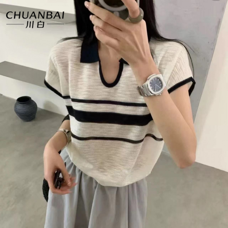CHUANBAI 川白夏季再生纤维新款U形翻领针织套头衫宽松百搭
