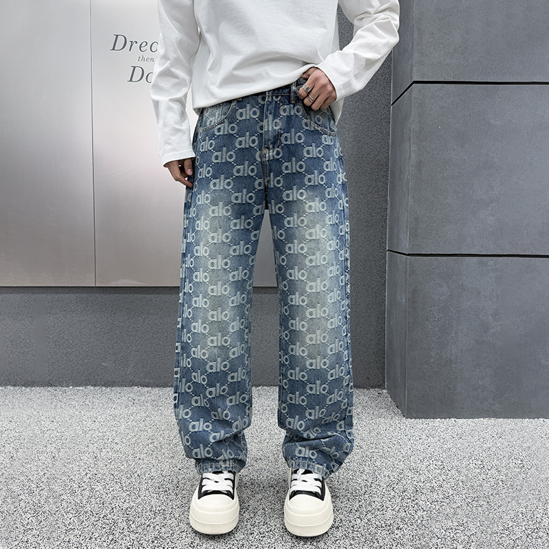 直筒裤男印花美式涂鸦牛仔裤提花潮流高街无弹牛仔裤秋冬新款TQ3