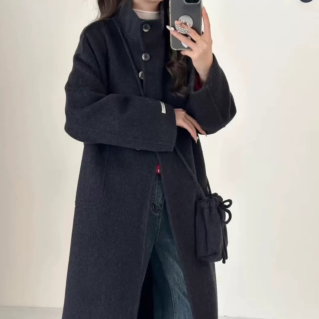 纯色宽松立领长款宽松型羊毛外套中长款毛设计师
