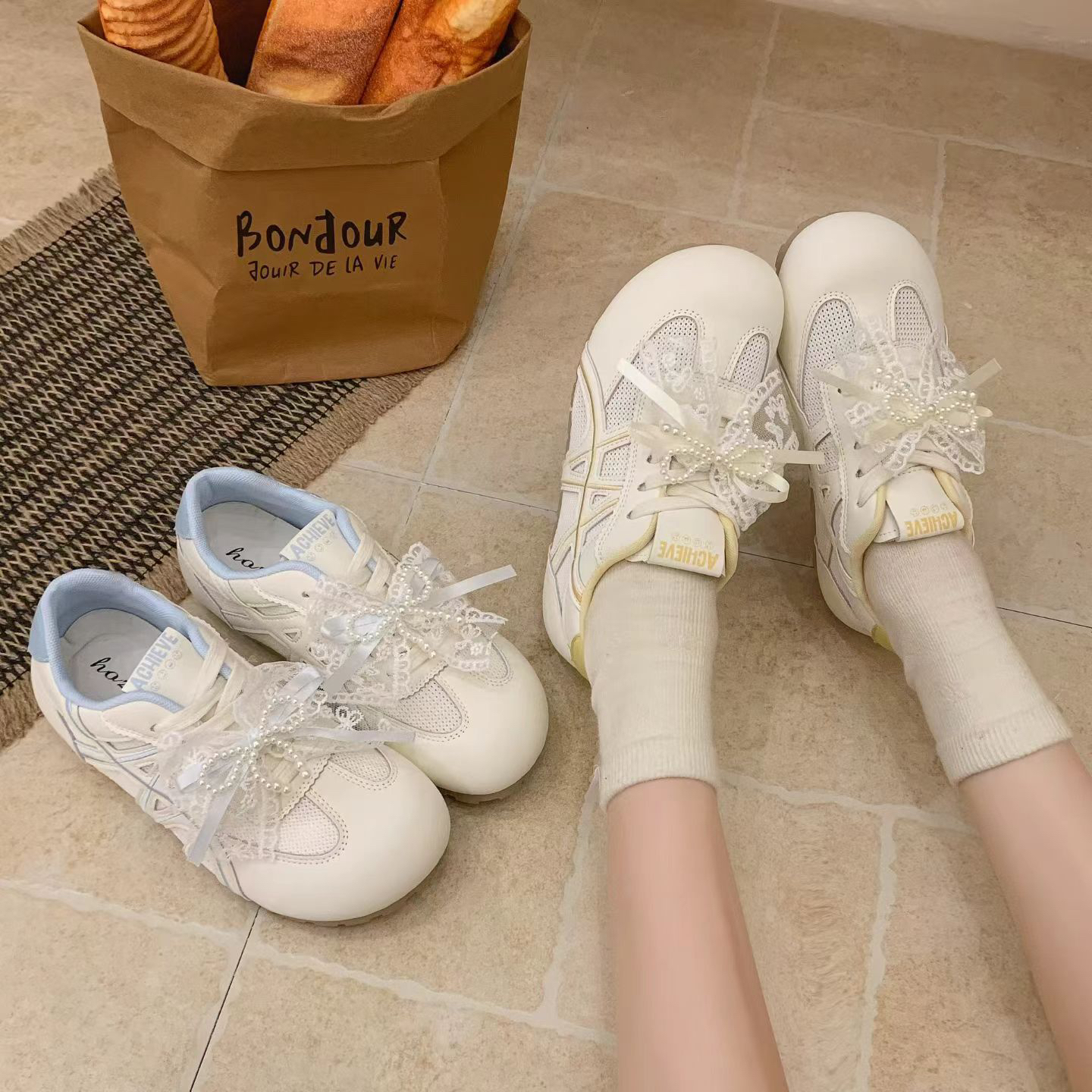 小敏家 芭蕾德训鞋女新款珍珠蝴蝶结透气网面女鞋小白鞋休闲板鞋