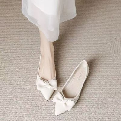 温柔尖头单鞋女2024新款法式浅口平底鞋瓢鞋蝴蝶结超软绝美孕妇鞋