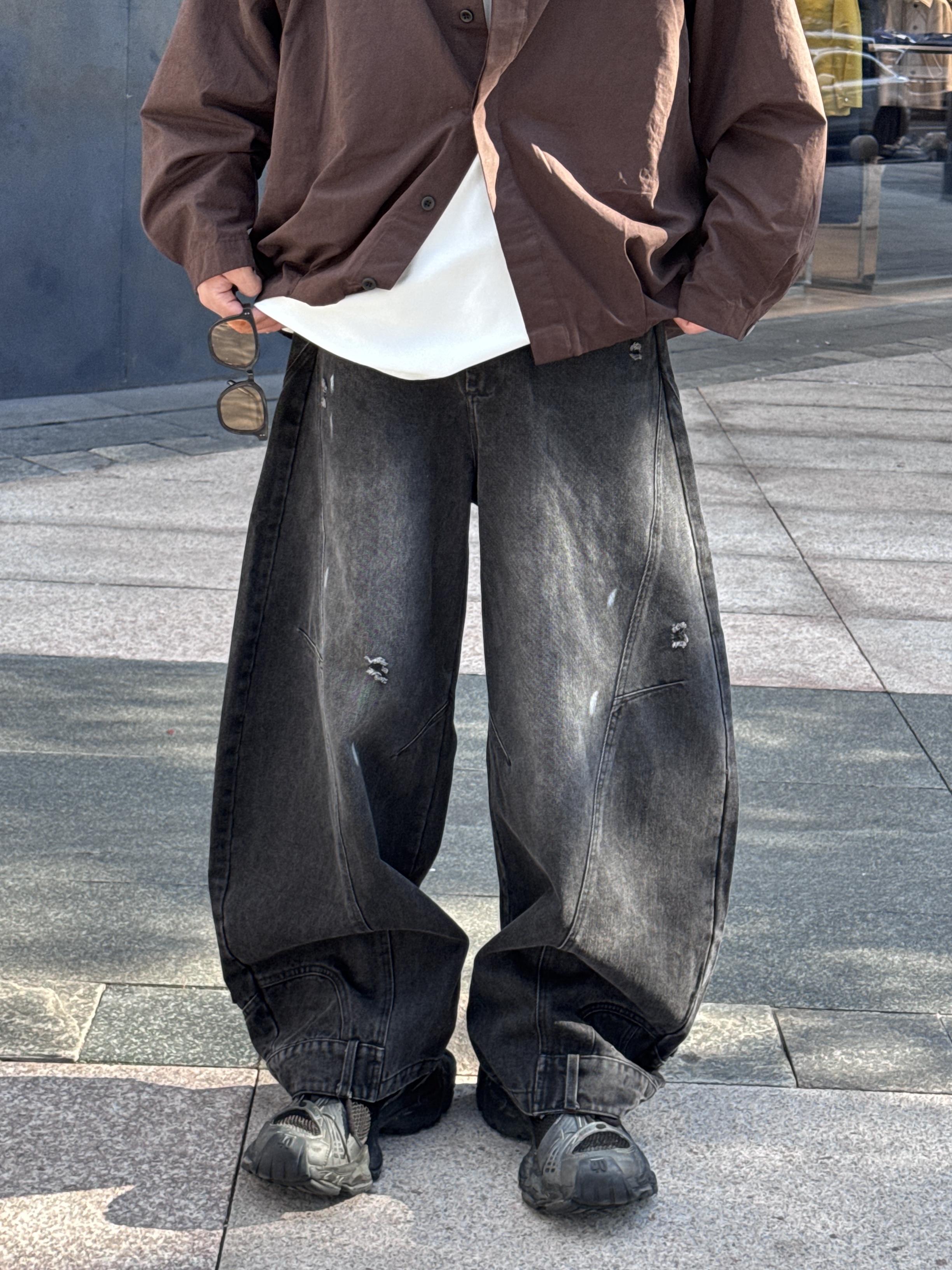 [7m 25SS]美式泼墨涂鸦牛仔裤男秋季复古阔腿弯刀裤宽松直筒裤