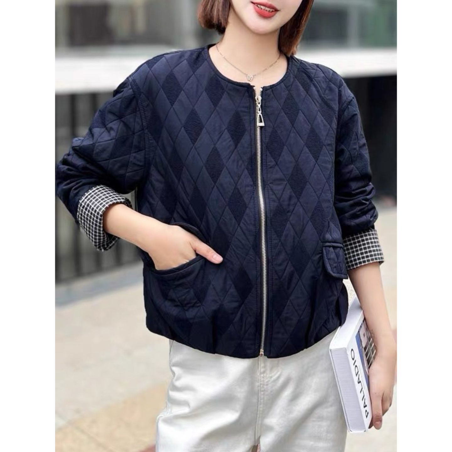 妮妮家0163秋冬新款时尚菱格棒球服休闲百搭减龄气质上衣