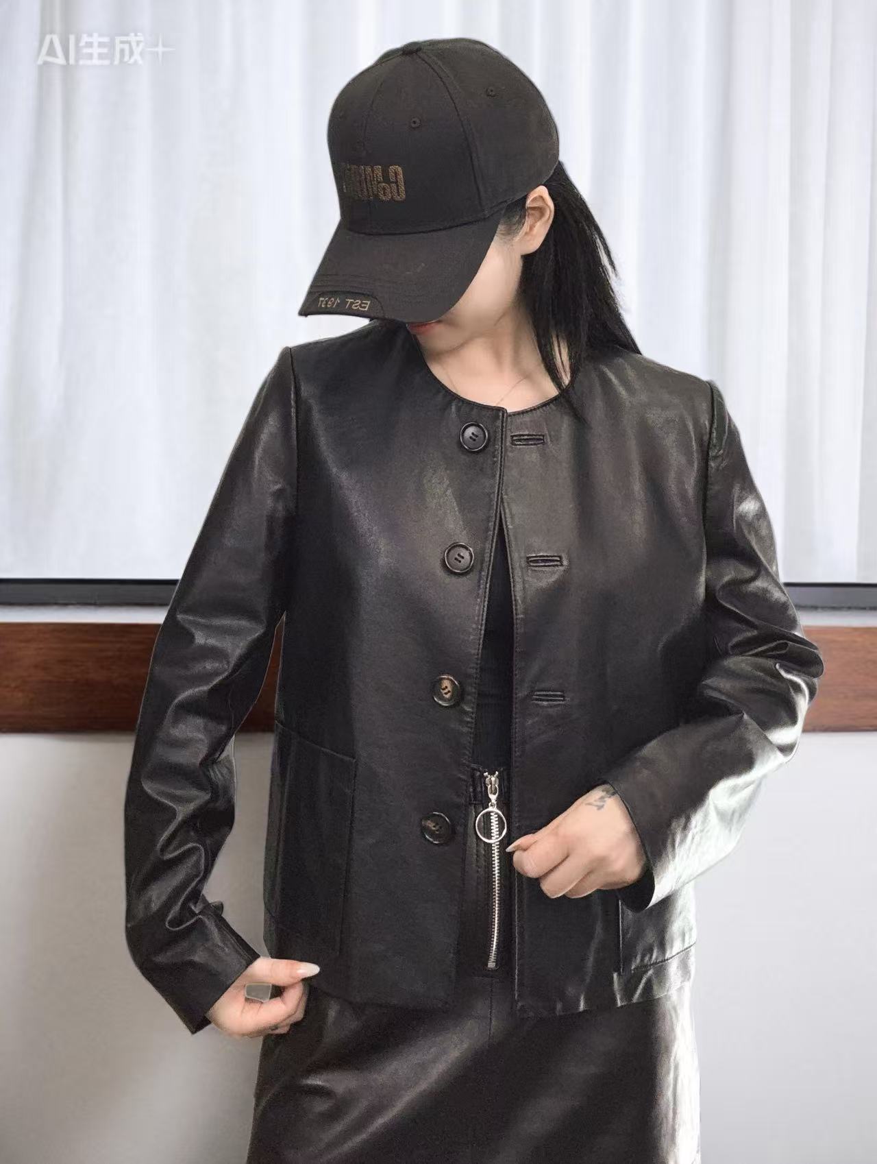 真皮女士圆领气质百搭韩版秋季外套