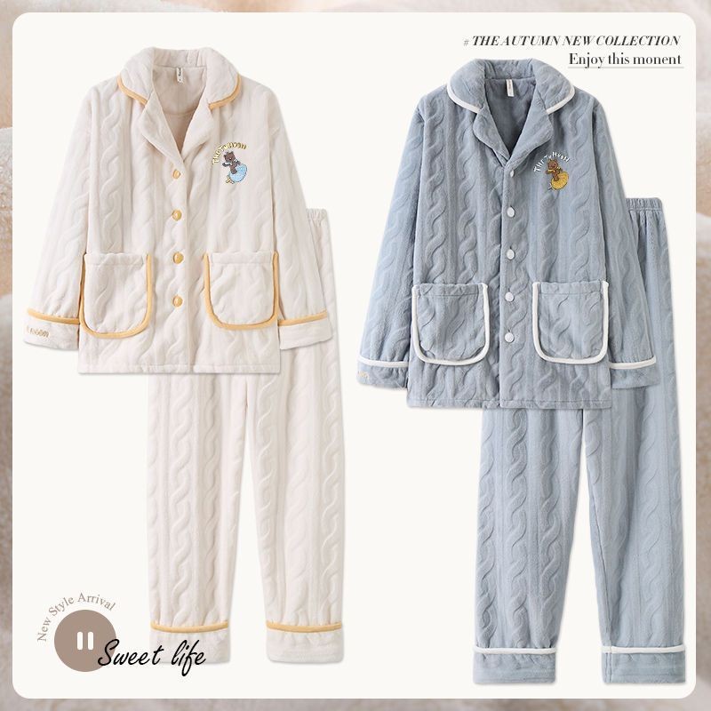 情侣款冬季珊瑚绒加厚女士睡衣2025年新款加绒韩版翻领大码男套装