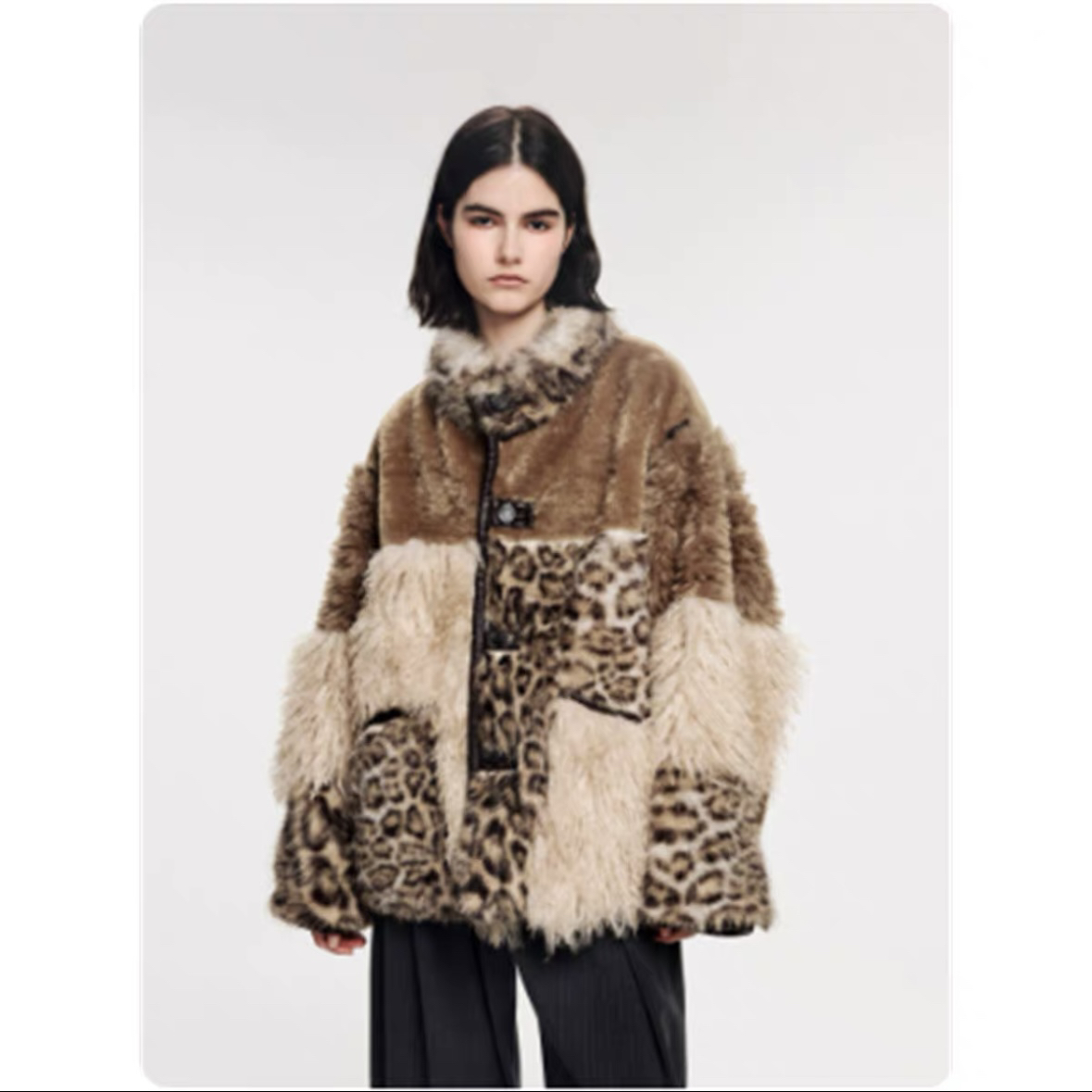 现货设计师品牌奇幻精灵双面两穿毛绒拼接加厚保暖外套