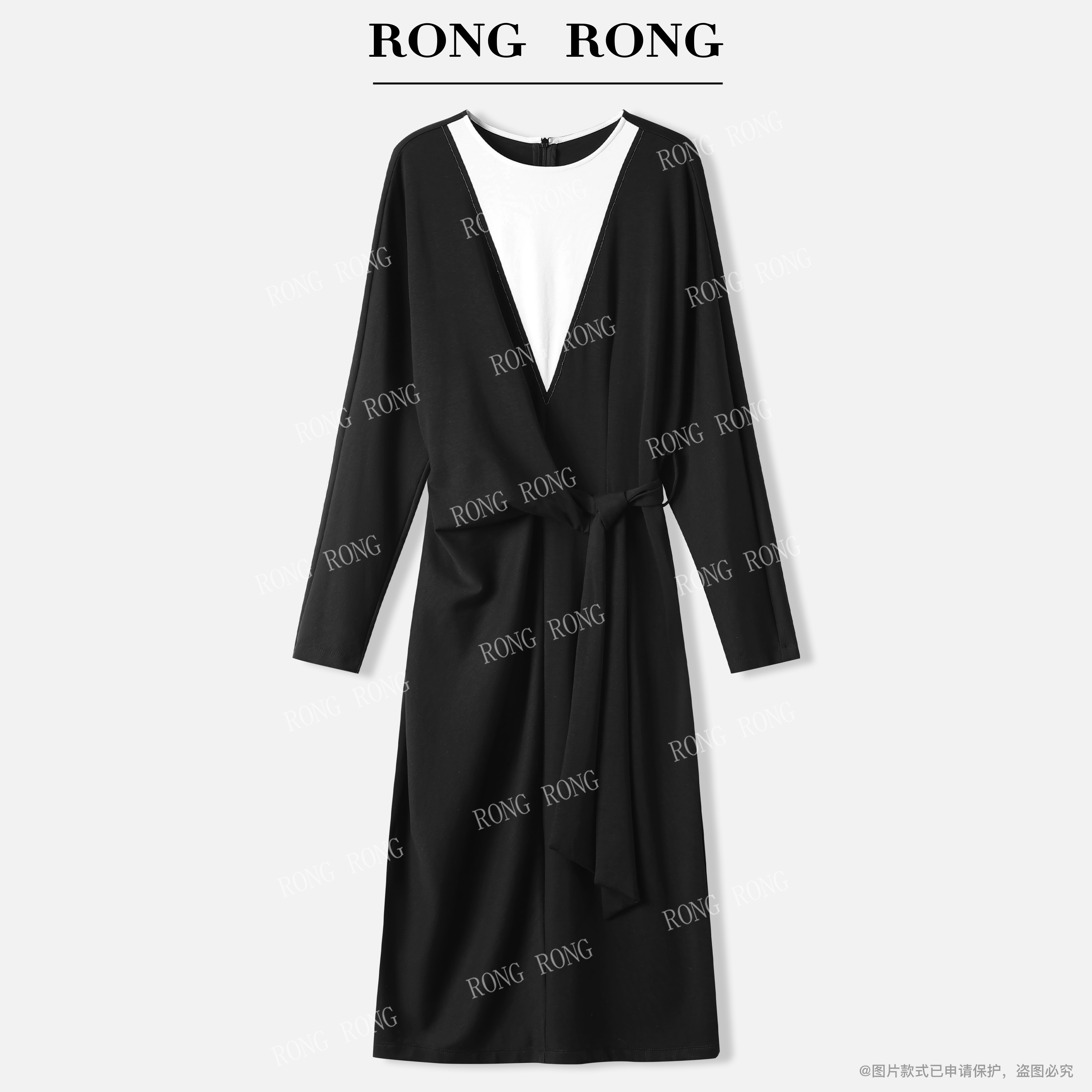 溶溶J【夜暮流光】RONG莫代尔棉撞色拼接假两件收腰连衣裙C-A208535