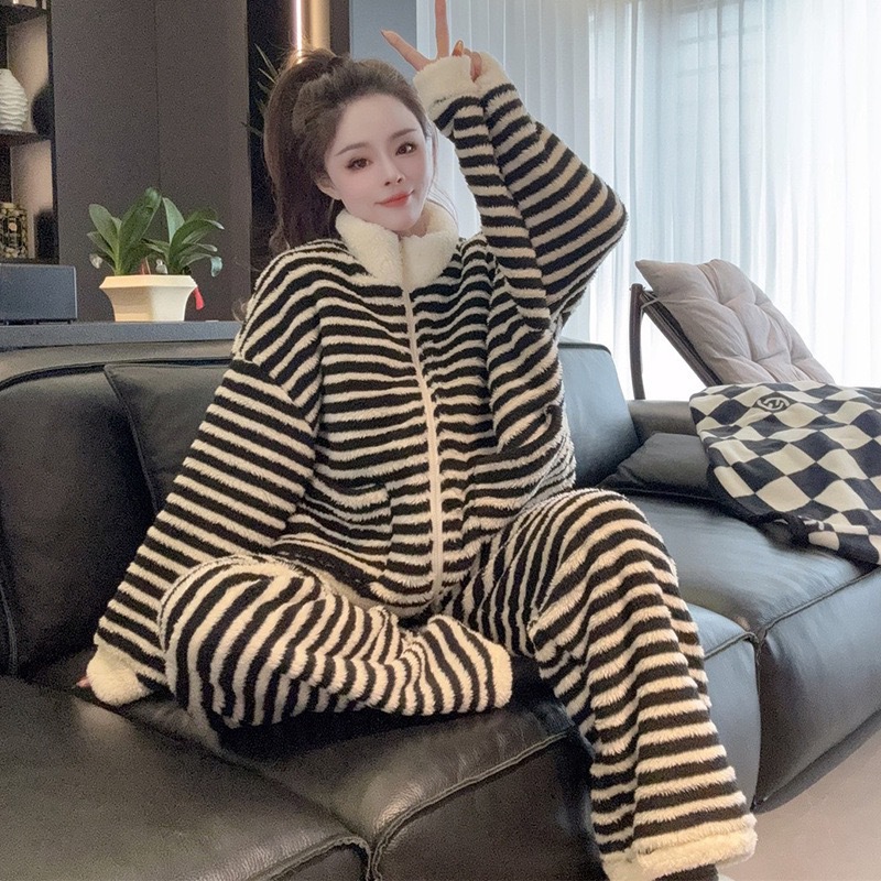 居家休闲立领条纹家居服睡衣套装时尚百搭加厚慵懒风珊瑚绒长毛