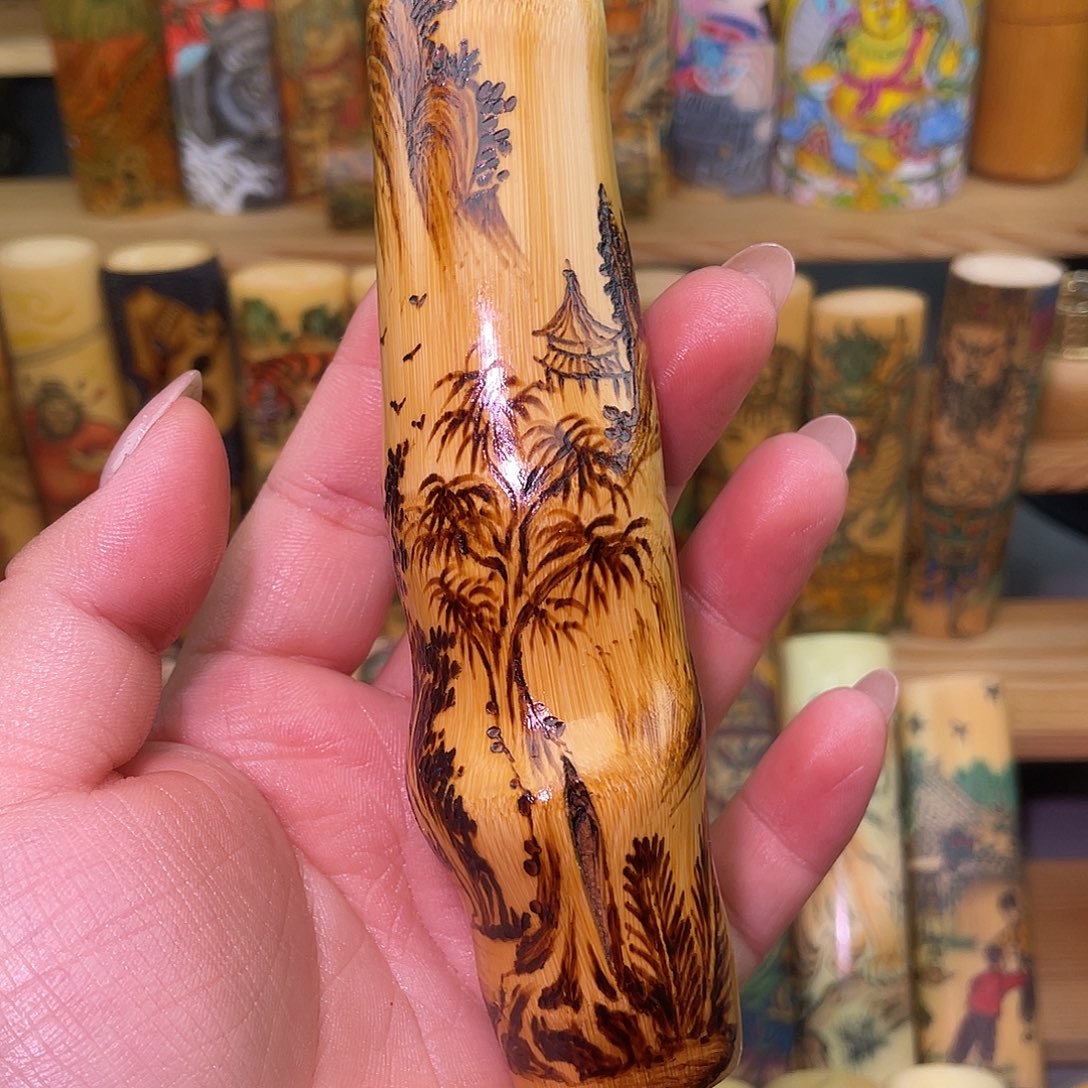 真***头实心竹手工作品山水