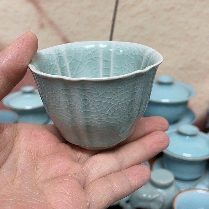 杯子粉青菱口杯微瑕