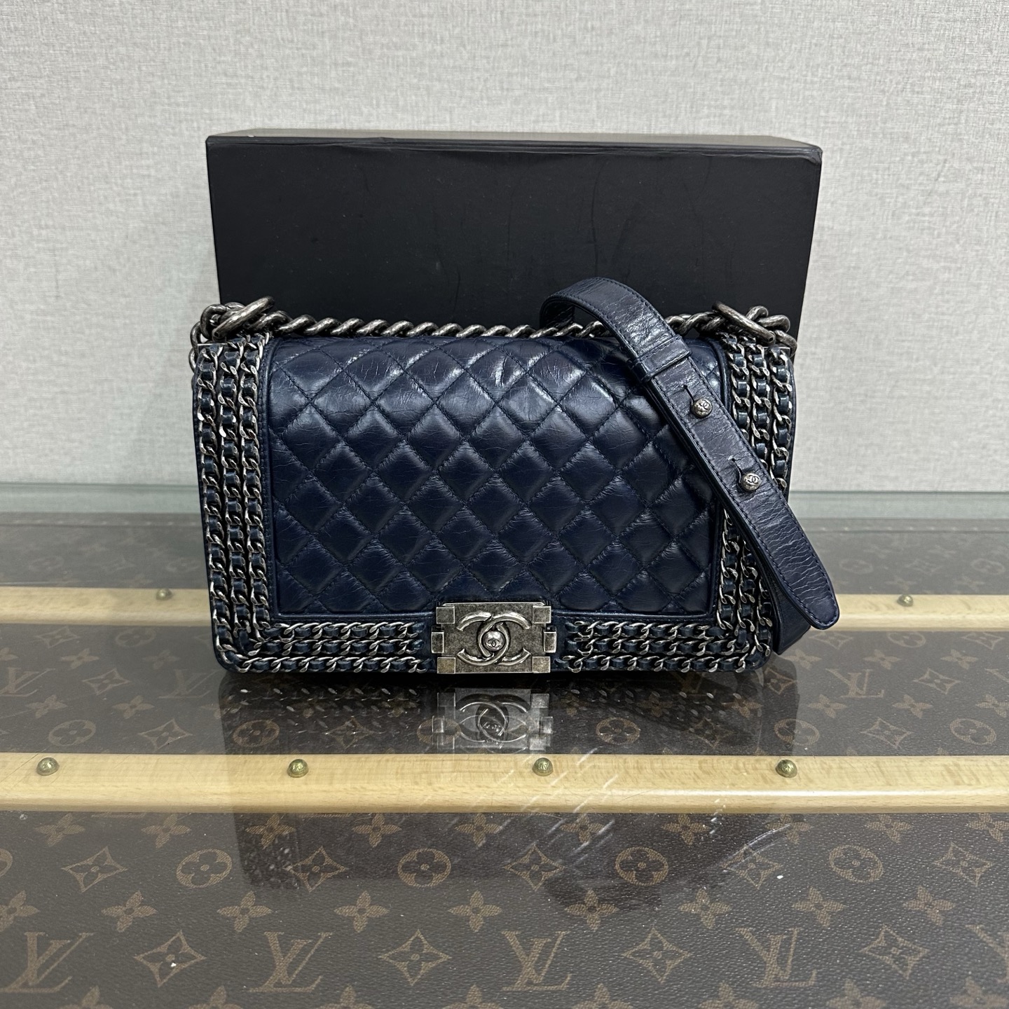 95新 Chanel/香奈儿 蓝银滚边Leboy中号链条包51502