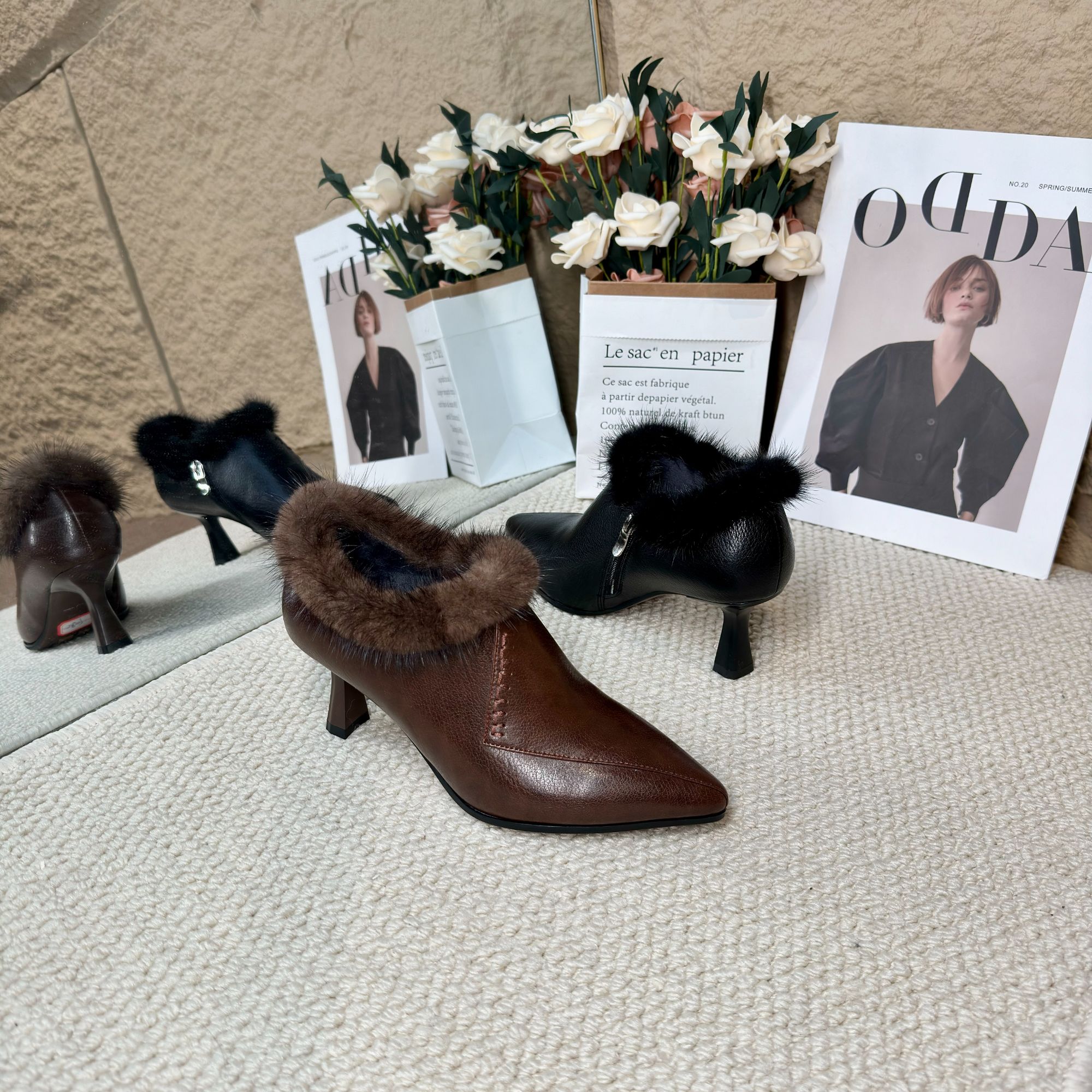 【短靴款】MQE/羊皮/6CM/33-40/8905秋冬新款貂毛法式气质尖头鞋