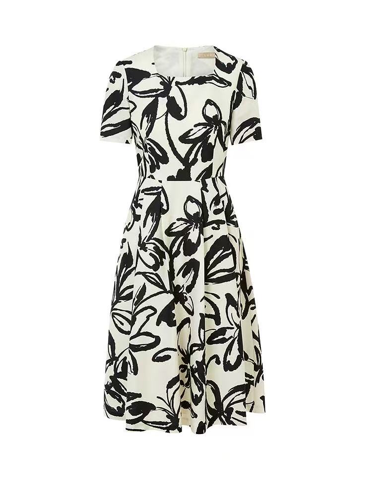 GXO夏季新款方领短袖印花桑蚕丝连衣裙女法式优雅裙子LYQ0097