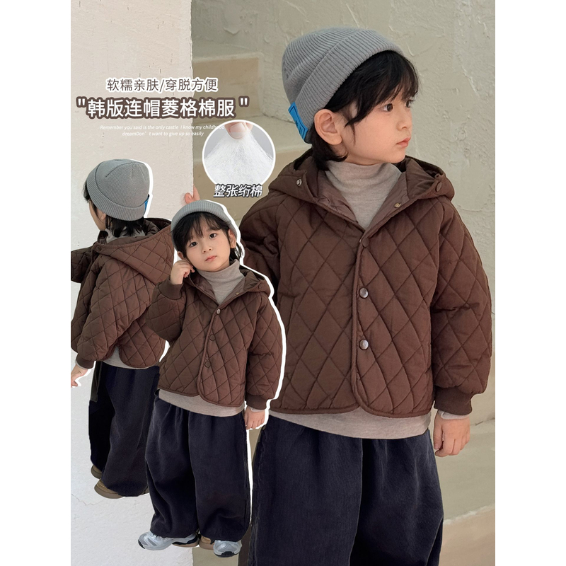 《设计师款》森系男童女童菱格夹棉连帽外套韩版儿童棉袄25DL607