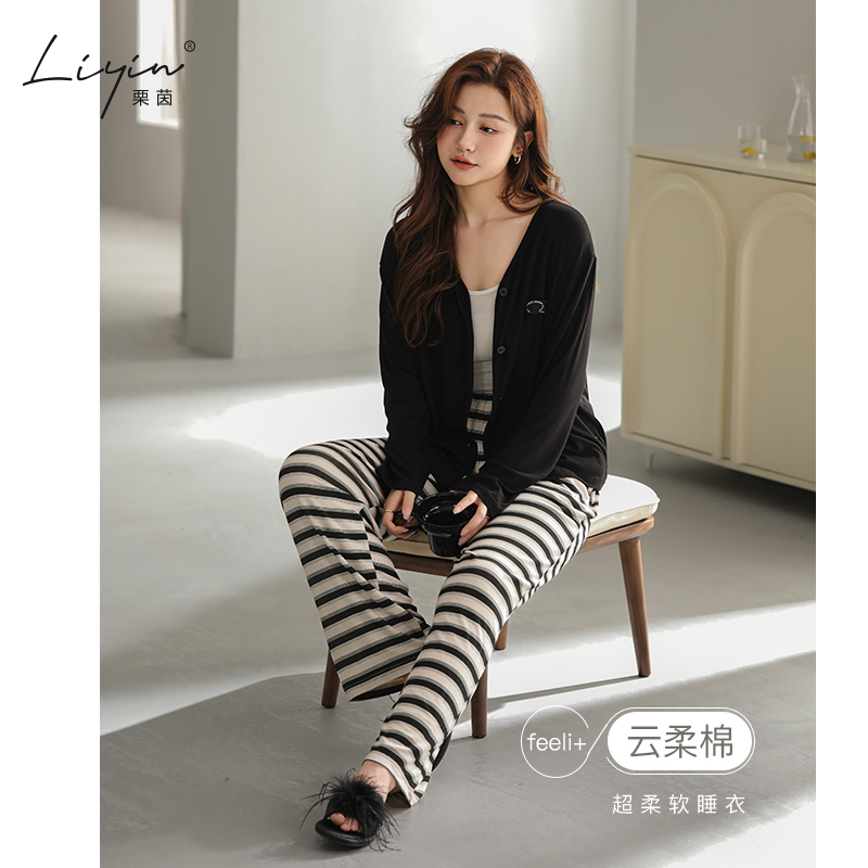 栗茵原创设计新款云柔棉女士睡衣春秋季长袖时尚可外出家居服套装