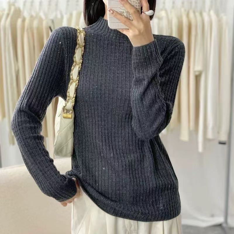 高级感满天星烫钻半高领超细羊毛针织打底衫女春秋款长袖亮丝上衣