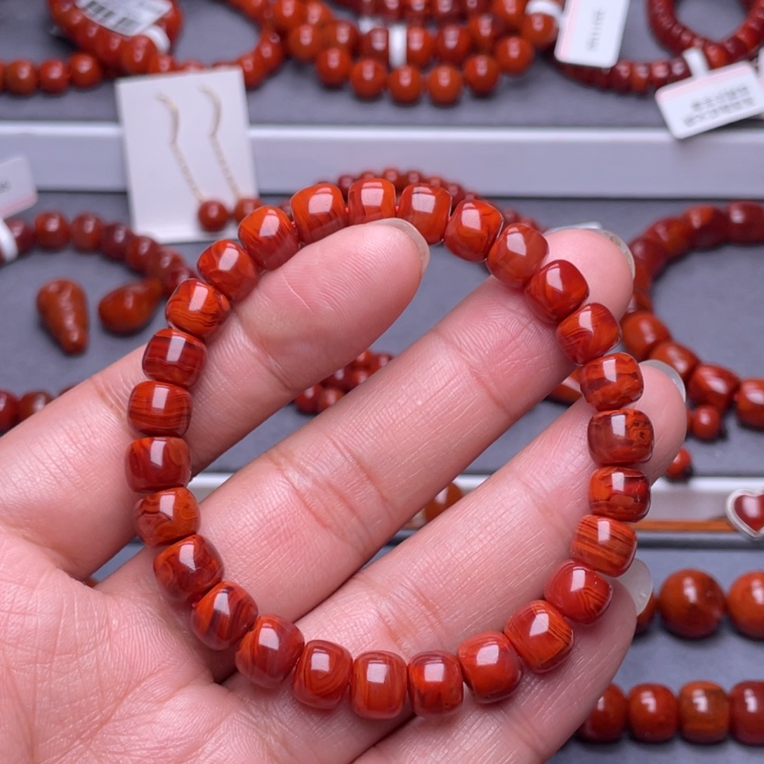 南红玛瑙未镶嵌配珠8.4mm瓦西火焰纹老型手串