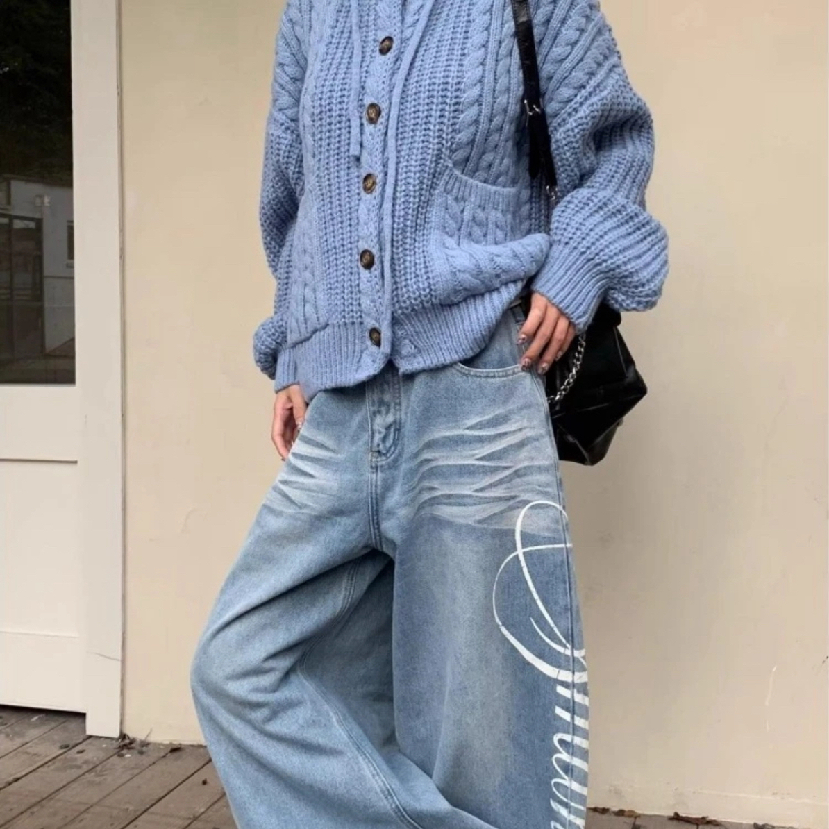 C48#纯浮力！小众拼接格纹针织开衫软糯亲肤圆领麻花毛衣外套女